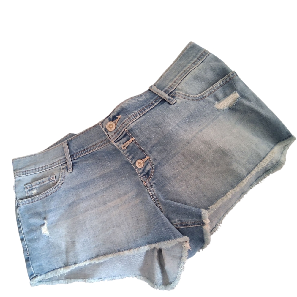 Hollister Blue Jean Shorts with Cuffed Hem and Distressed Look